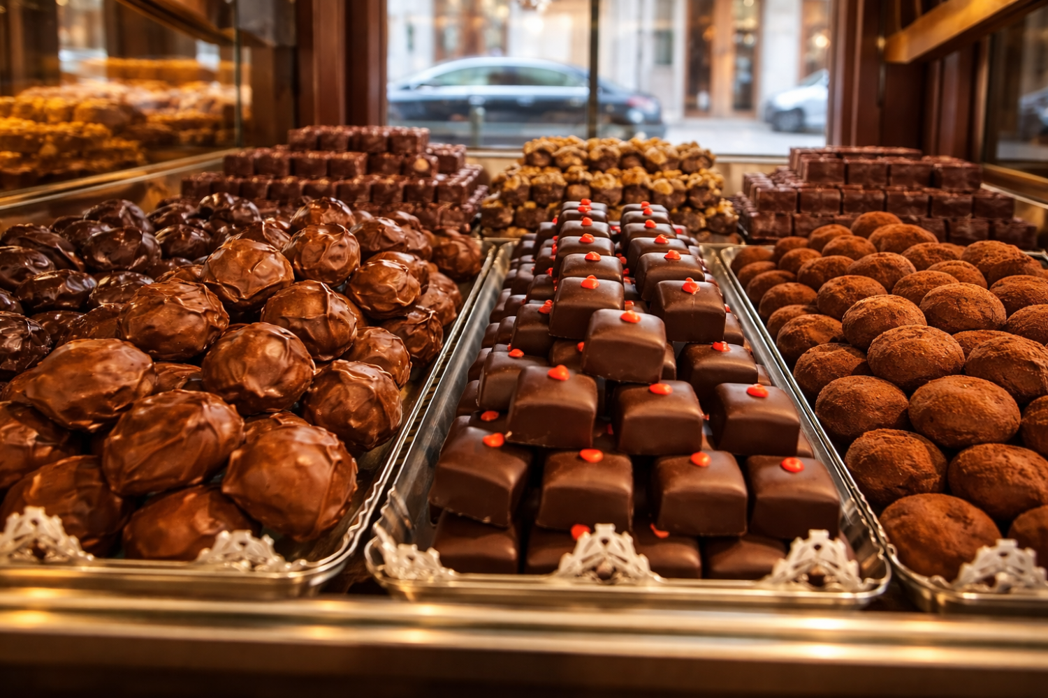 Assorted chocolates on trays in a shop display with blurred street view outside.