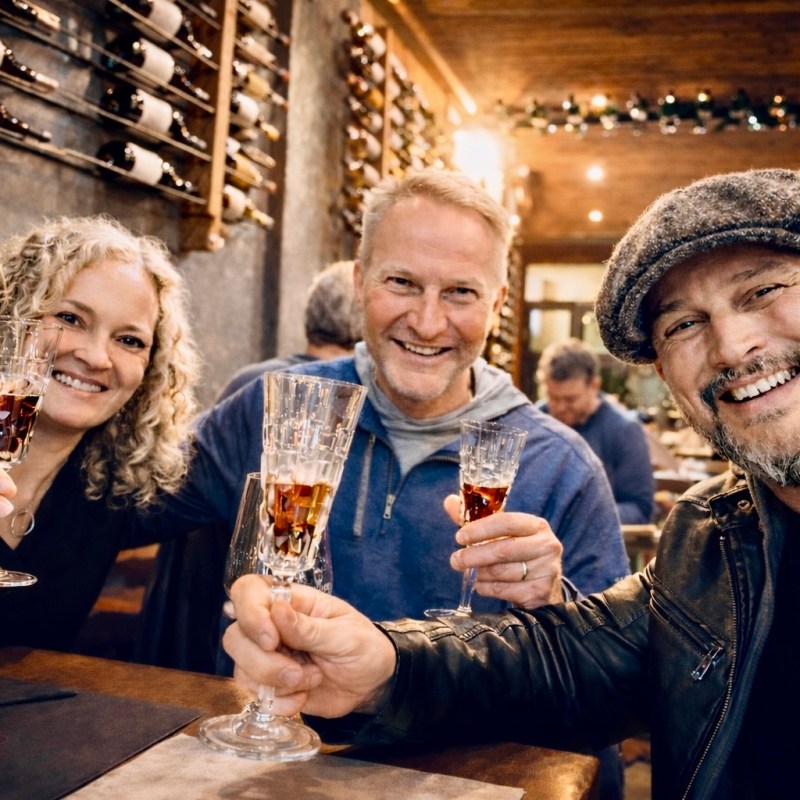 Three people smiling, holding glasses of wine in a warmly lit restaurant.