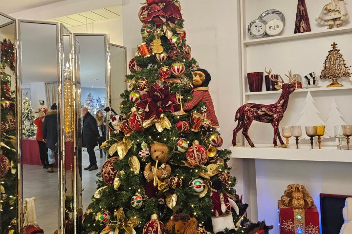 a room filled with furniture and vase of flowers next to a christmas tree