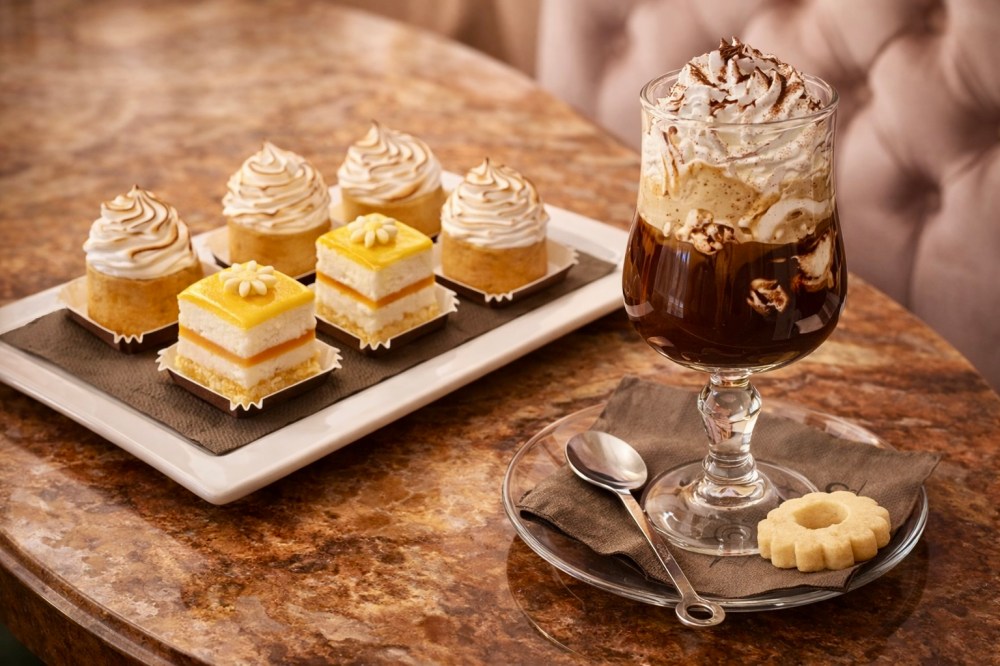 Assorted desserts on a tray and a glass with whipped cream on a marble table.