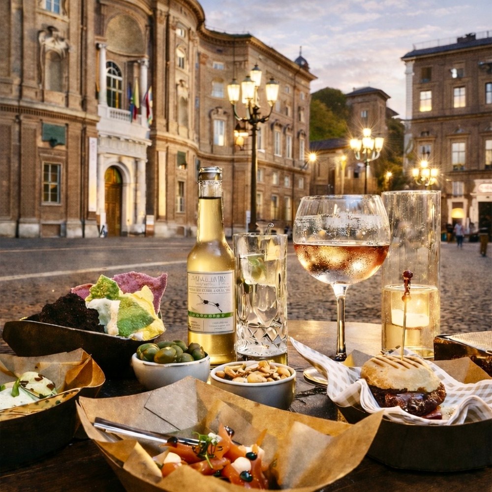 Outdoor dining with assorted appetizers and drinks on a table in front of historic buildings at dusk.