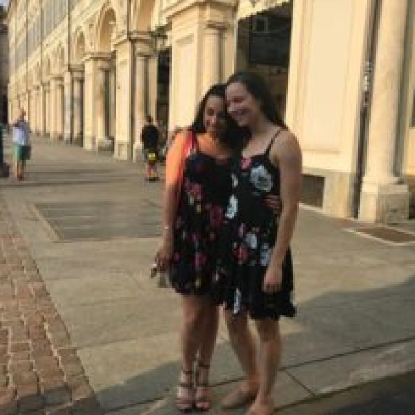 a person walking down a city street