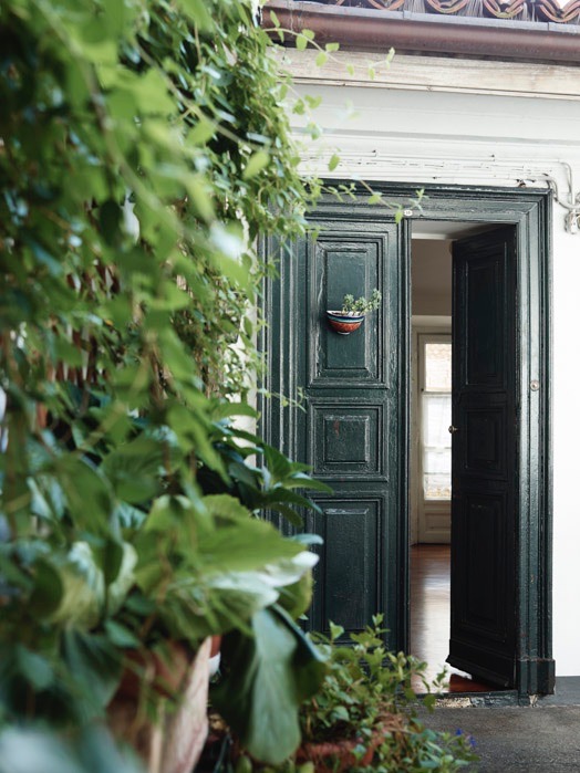 a building with a green door