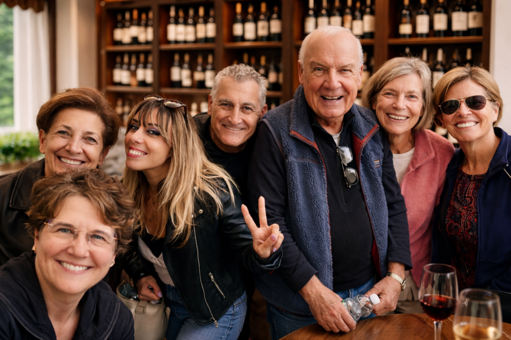 Group of smiling people posing together inside a wine bar with bottles in the background.