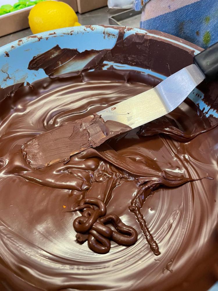 a chocolate cake with a knife and fork