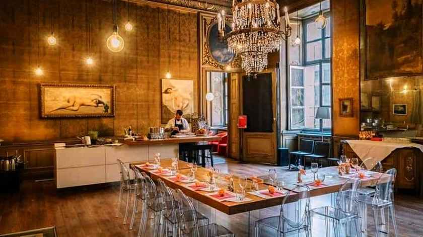 a kitchen with a dining table