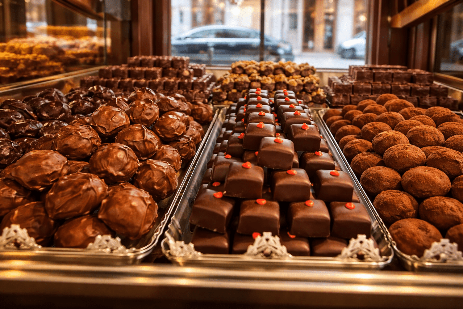 Trays of assorted chocolates, including domes and squares, displayed in a shop window.
