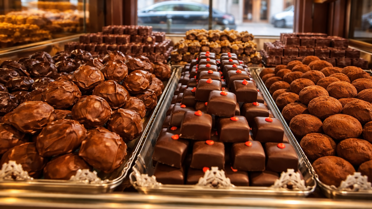 Trays of assorted chocolates, including domes and squares, displayed in a shop window.