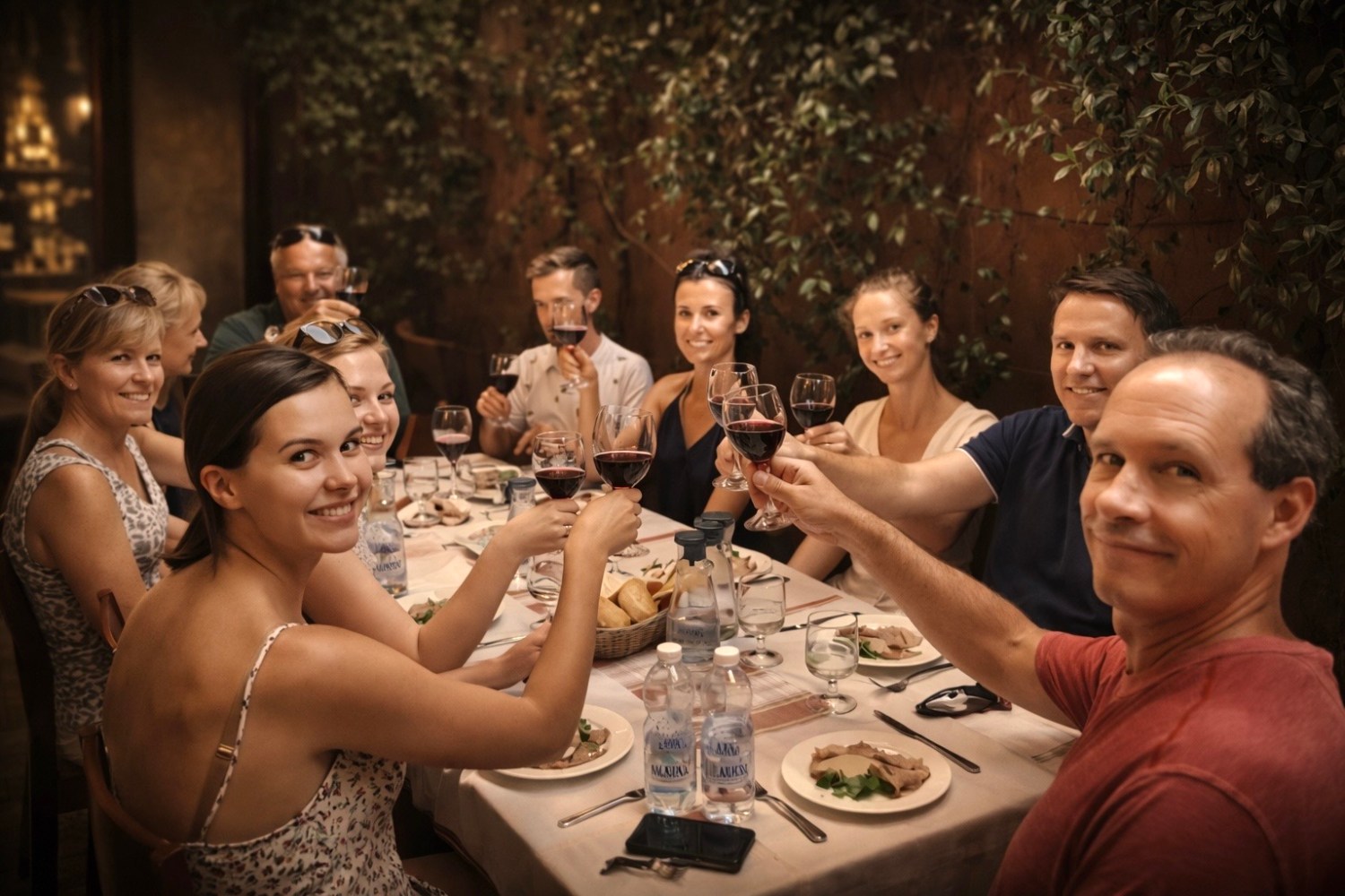 Group of people at a dinner table raising glasses in a toast.
