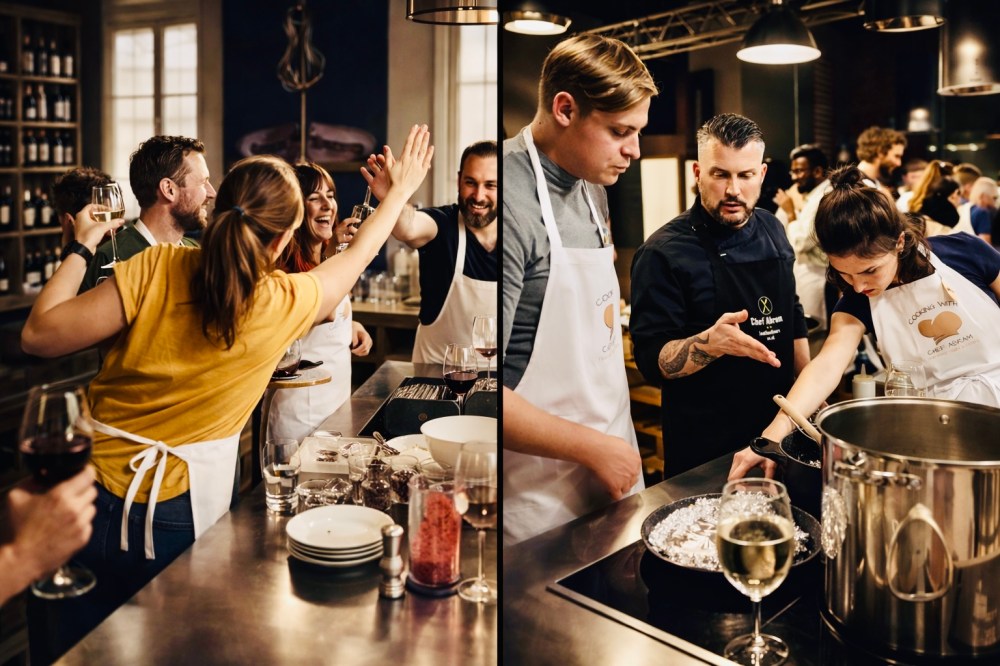 Two photos of people cooking together: high-fiving and learning from a chef in a kitchen setting.