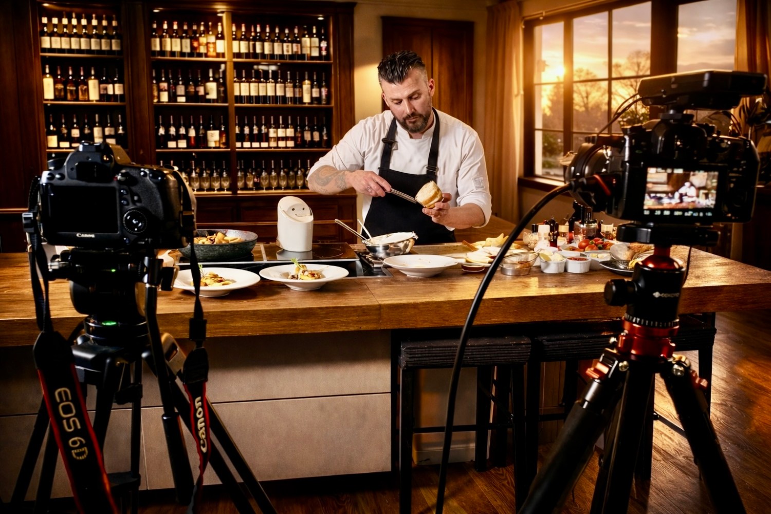 Chef preparing food on a wooden counter, filmed by two cameras, with wine bottles in the background.