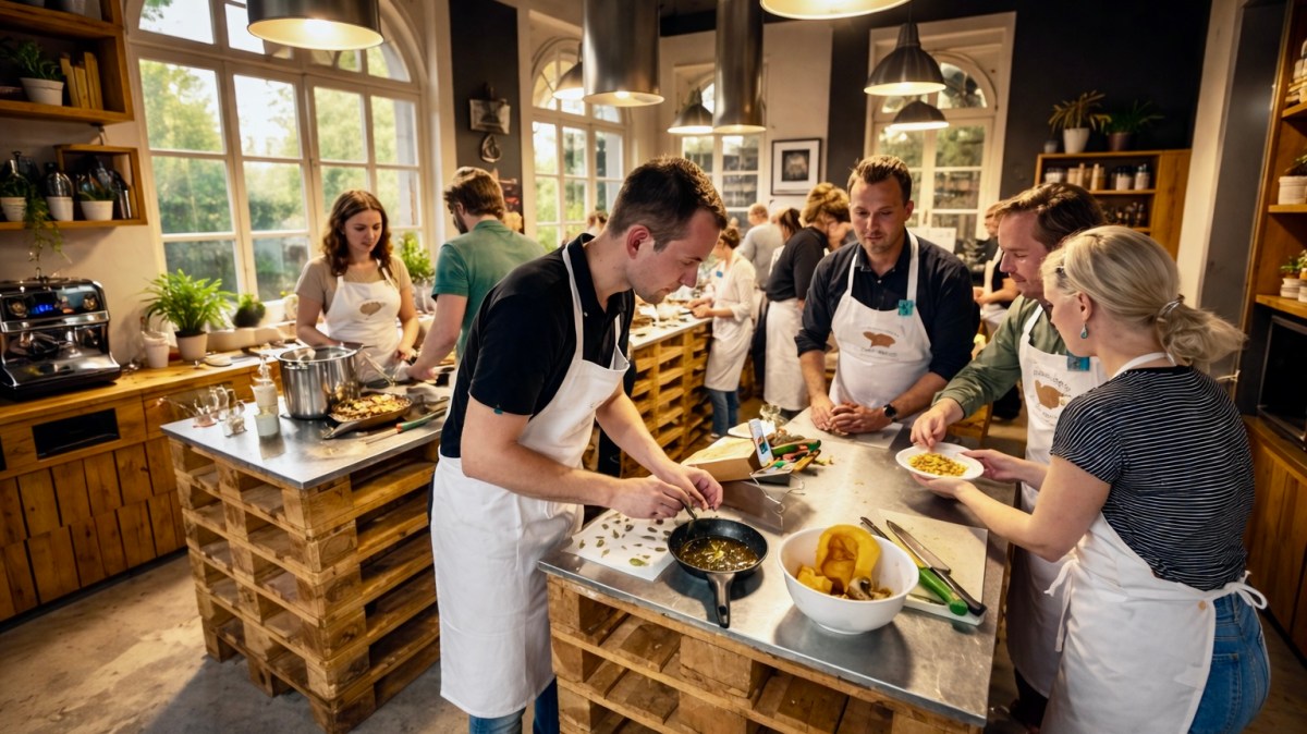 People in aprons cooking and chatting in a bright kitchen.
