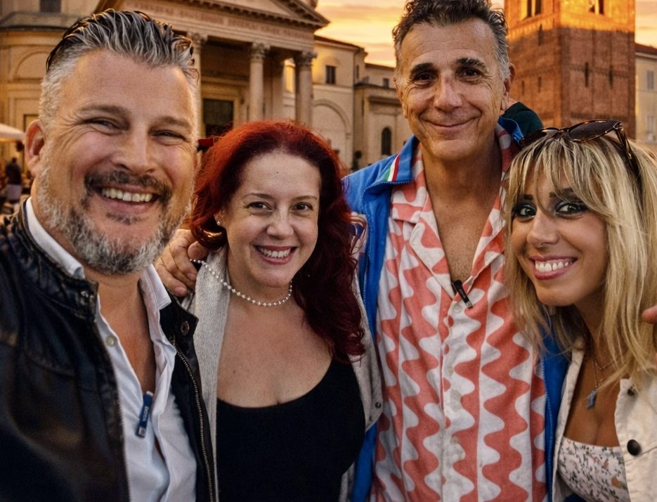 Four people smiling in front of a historic building during sunset.