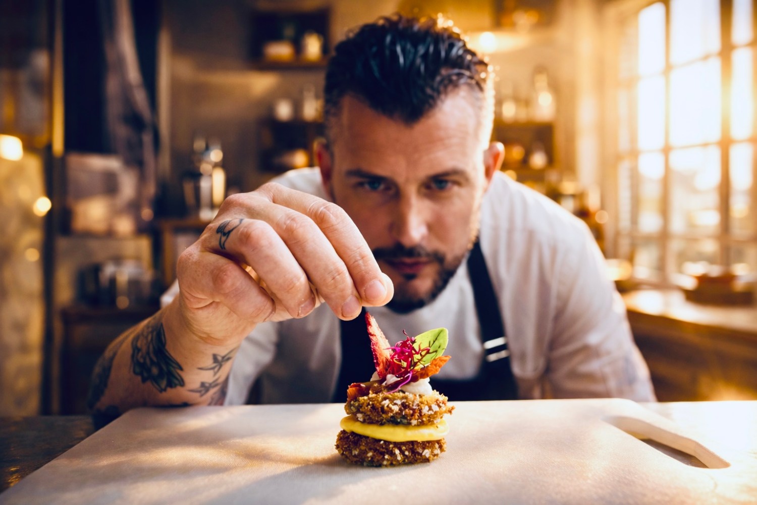 Chef garnishing a gourmet dish with precision in a warmly lit kitchen.