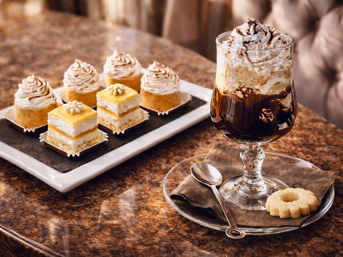 Desserts on tray with coffee topped with whipped cream and a cookie on the side.