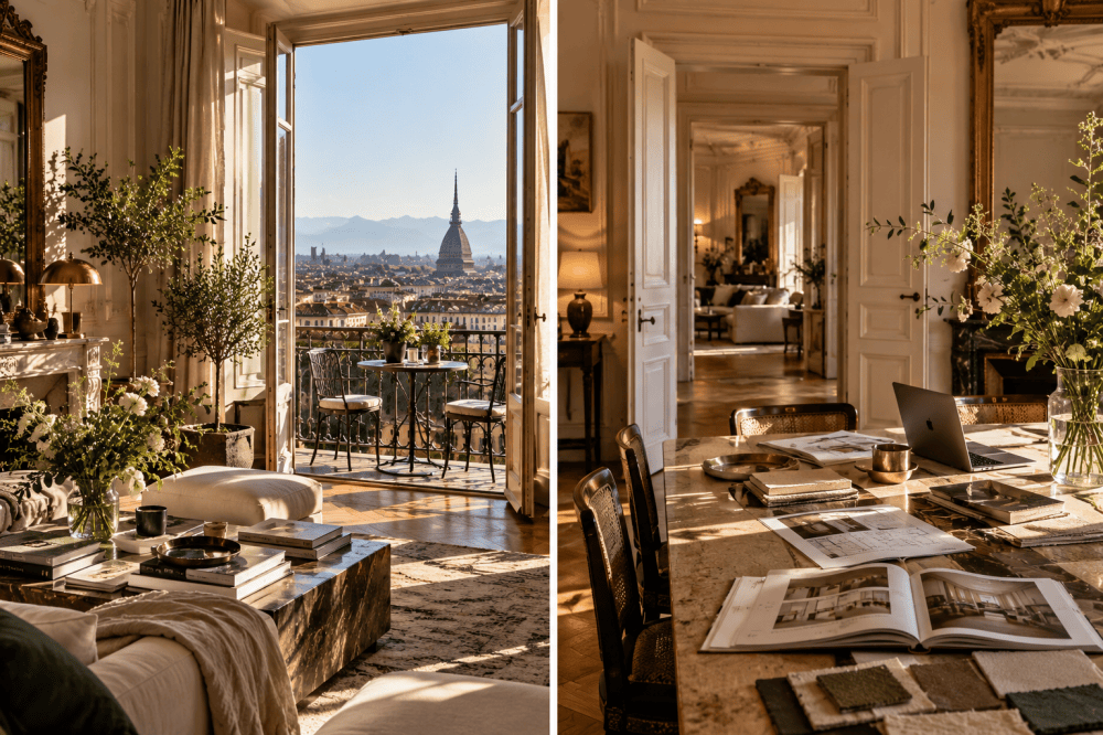 Elegant living room with a view of cityscape and mountains, decorated with flowers and books in Turin, Italy