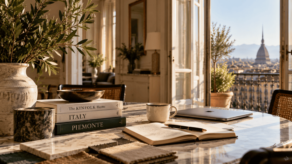 Sunlit table with books, notebook, laptop, view of cityscape and mountains in Turin, Italy